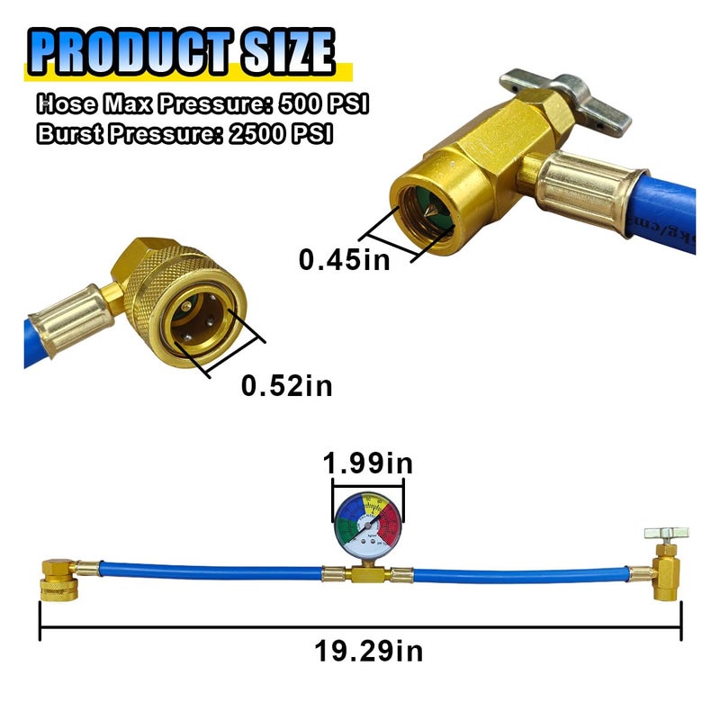 BDZMC R134A Car AC Refrigerant Charge Hose Kit  Car Air Conditioning Recharge Hose with Gauge for Measuring Low-Pressure  100PSI 1/2'' Can Tap & R134A Quick Coupler for Cars/Home AC Refrigerant - Image 2
